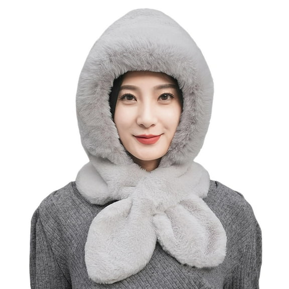 HUANLEDASH Women Winter Hat with Integrated Scarf Thick Warm Faux Rabbit Fur Solid Color Full Protection Outdoor Cycling Travel Cold Weather Cap