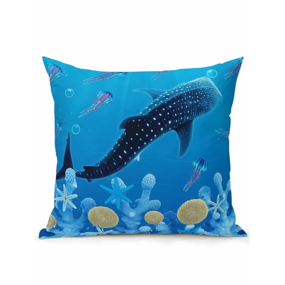 1 Pack Outdoor Throw Pillow, Coastal Whale Waterproof Pillow with Insert Included, Blue Nautical Ocean Jellyfish Coral Starfish Decorative Accent Cushion Sofa Pillows for Patio Porch, 16 x 16 In