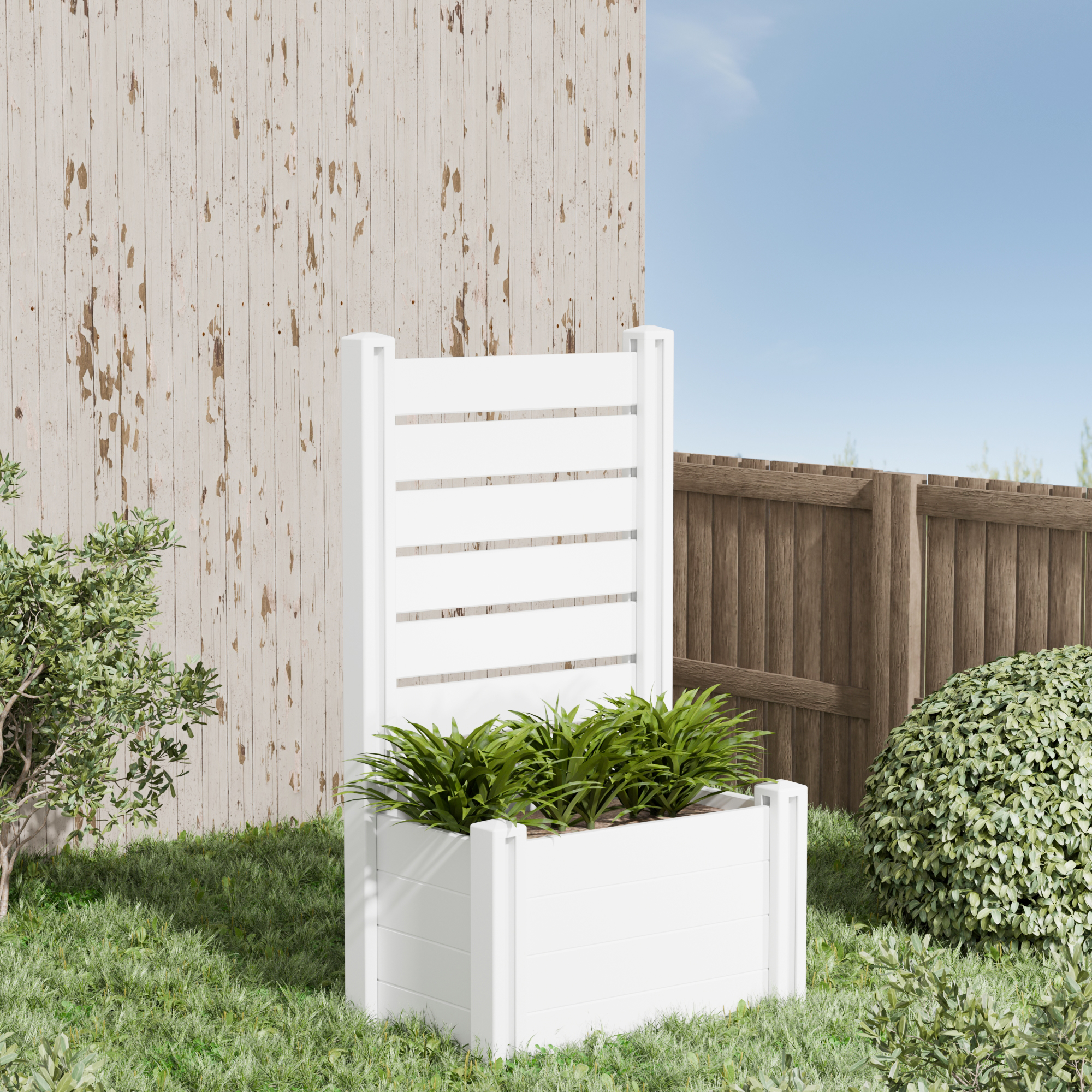 MAYEERTY Outdoor White PVC Rectangular Planter Box with Trellis for Climbing Plants, Raised Garden Bed