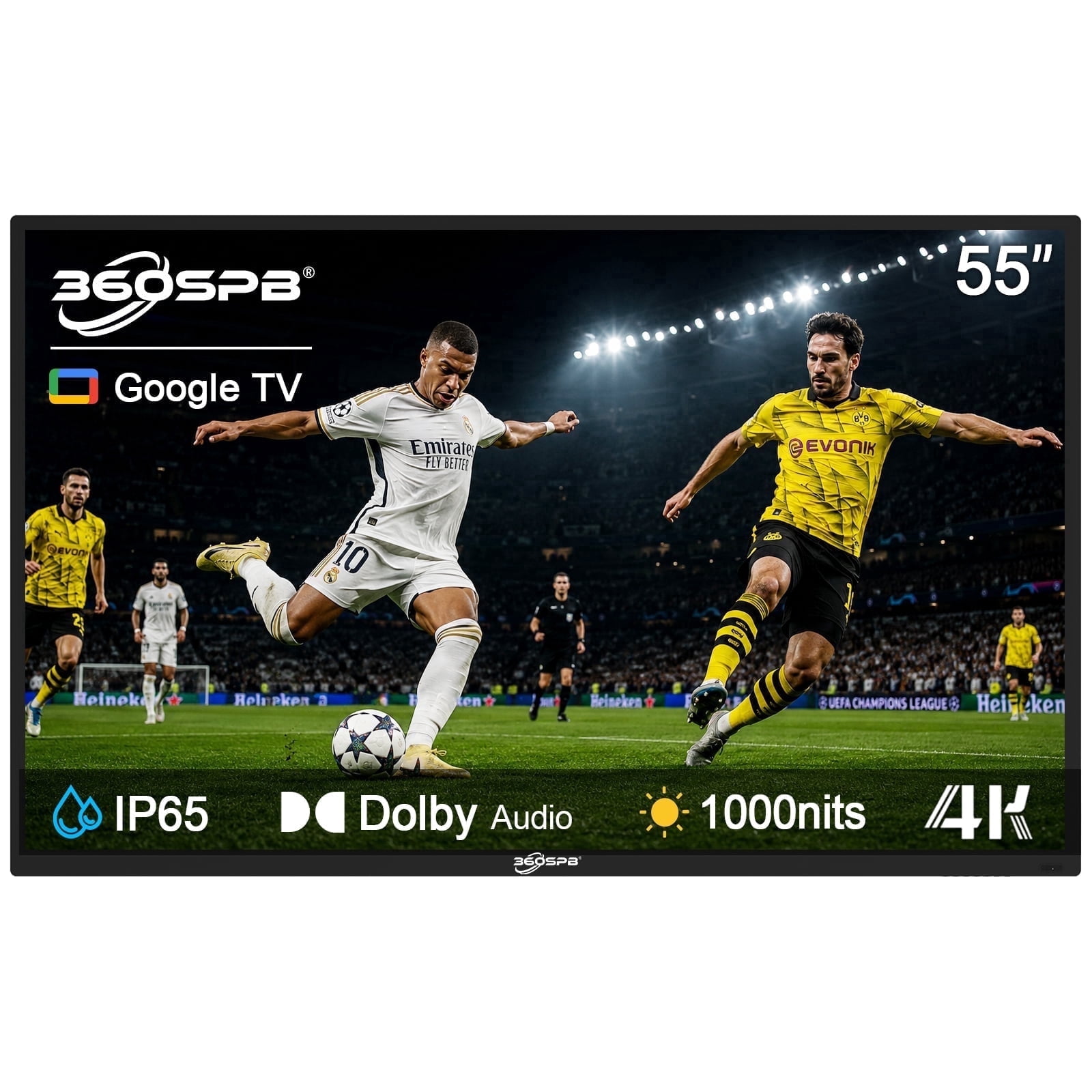 360SPB 55'' 4K Outdoor Google TV, 1000 Nits High Brightness Smart Outdoor TV, IP65 Waterproof Weatherproof Television, Voice Assistant Remote, Dolby Audio, Wide Viewing Angle, Ideal for Partial Sun