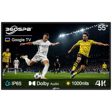360SPB 55'' 4K Outdoor Google TV, 1000 Nits High Brightness Smart Outdoor TV, IP65 Waterproof Weatherproof Television, Voice Assistant Remote, Dolby Audio, Wide Viewing Angle, Ideal for Partial Sun