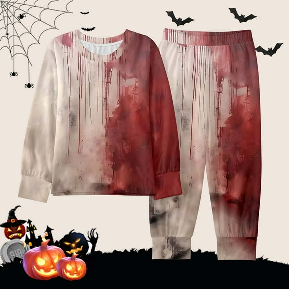 Halloween Pajamas Kids Pumpkin Ghost Bat Print Boy Pajamas Set Crewneck Soft Comfort Long Sleeve Top Nightwear with Pants Set Kids Girls Outfits Size 7-8 Years