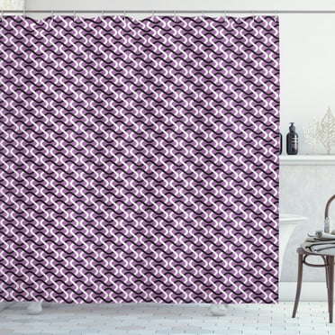 Abstract Shower Curtain, Interlocking Stripes Wave Style Composition on Violet Toned Background, Fabric Bathroom Set with Hooks, 69W X 70L Inches, Violet Black White, by Ambesonne