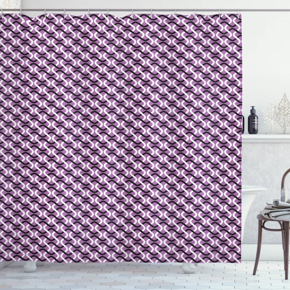Abstract Shower Curtain, Interlocking Stripes Wave Style Composition on Violet Toned Background, Fabric Bathroom Set with Hooks, 69W X 84L Inches Extra Long, Violet Black White, by Ambesonne