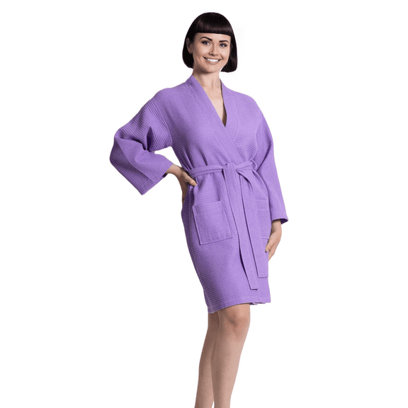Elegani Soft Cotton Blend Waffle Kimono Perfect Knee Lenghth Robe for Women -Lavender (SM)