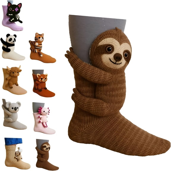 OQRKI 3D Knit Animal Socks Sloth, Machine Washable Knit Socks for Men & Women, Various Animal Pattern Designs, Winter Warm Style