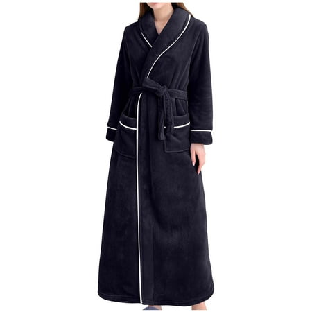 Mrat Robe for Women Solid Bandage Robe Lingerie for Women Robes for Female Ladies Nightgowns Pyjamas Bathrobe Gown Pajamas Long Sleepwear Pocket Waistband+Belts Black 3XL