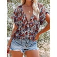 thumbnail image 3 of Blusa estampada para mujer, con botones, manga corta, cuello en V, blusa informal con estampado elegante para el trabajo, fiesta diaria, colorida XXL, 3 of 6