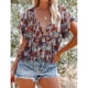 thumbnail image 3 of Blusa estampada para mujer con botones, manga corta, cuello en V, blusa informal con estampado elegante para el trabajo, fiesta diaria, colorido M, 3 of 6