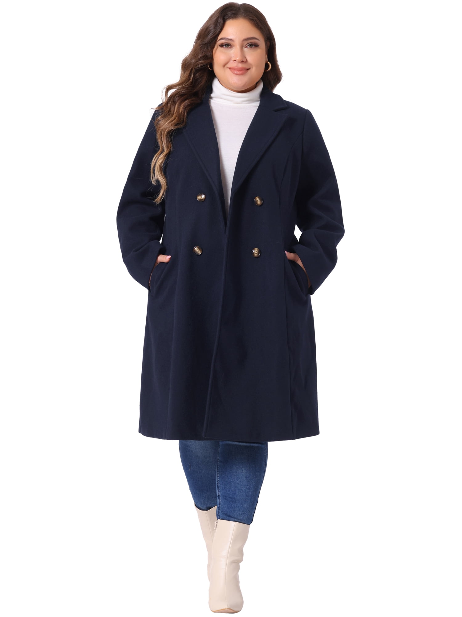 DARING DIVA Women's Plus Size Notched Lapel Warm Double Breasted Coat 4X Dark Blue