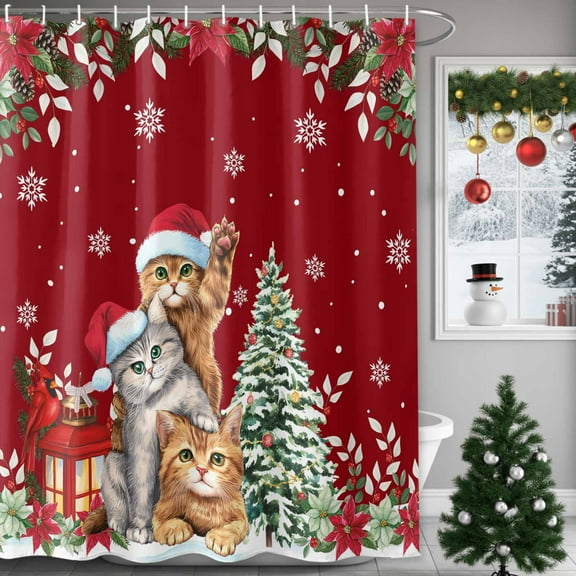 Christmas Cat Shower Curtains for Bathroom, Winter Snowflake Xmas Tree Poinsettia Red Waterproof Fabric Shower Curtain for Bathroom Bathtub Decoration, Machine Washable, 54x"78"