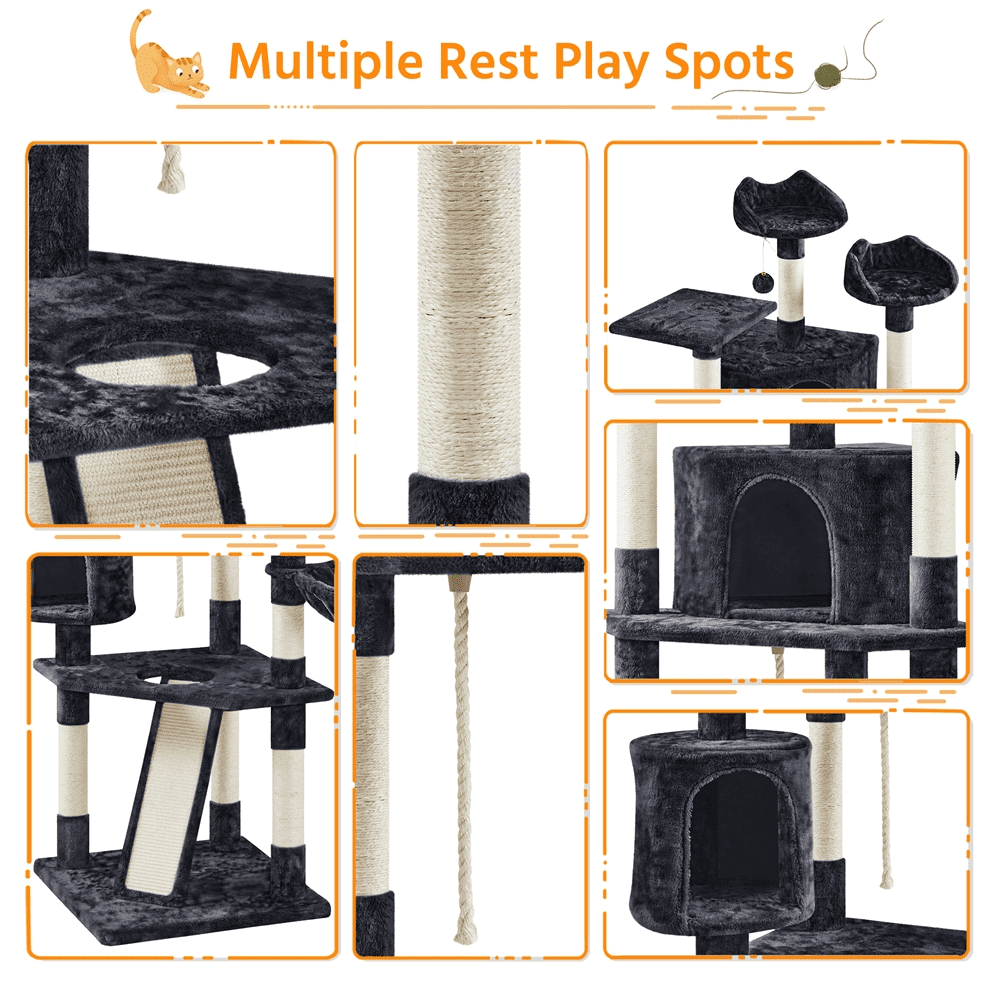 Alden Design 79″ H Multilevel Cat Tree with 2 Condos Basket Scratching Posts, Black