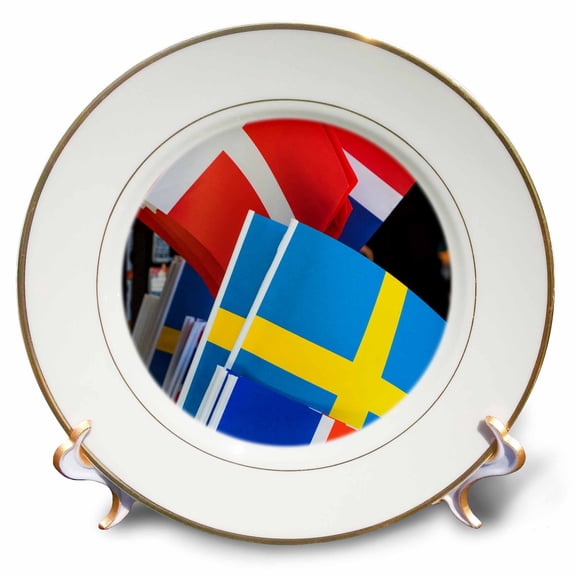 3dRose, Denmark, Sweden, and Iceland souvenir Scandinavian flags., 8 inch Porcelain Plate