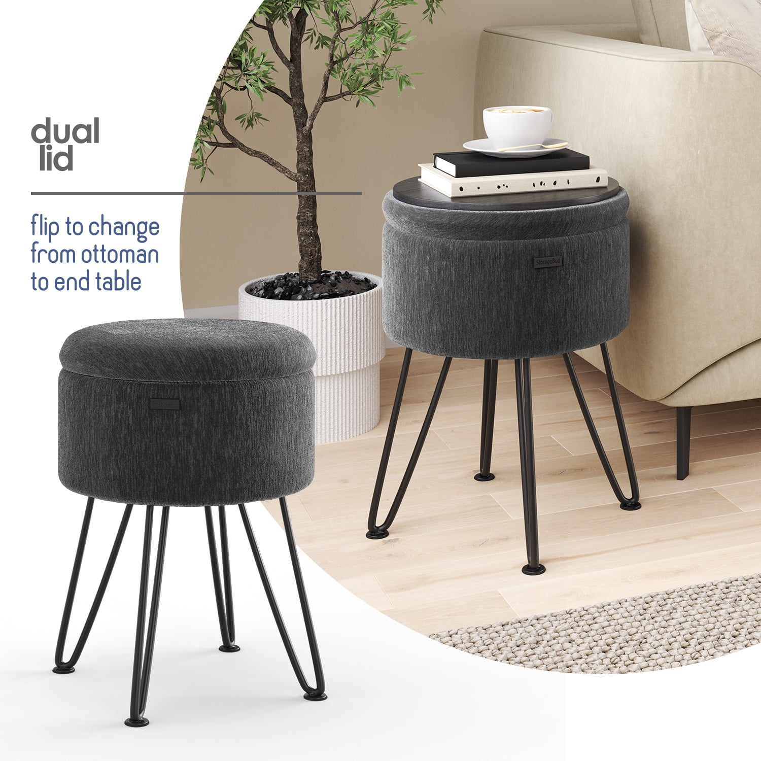 LammaLoe Small Round Ottoman with Storage, Textured Velvet Ottoman Foot Stool with Lid, Upholstered Vanity Stool for Living Room & Bedroom, Green