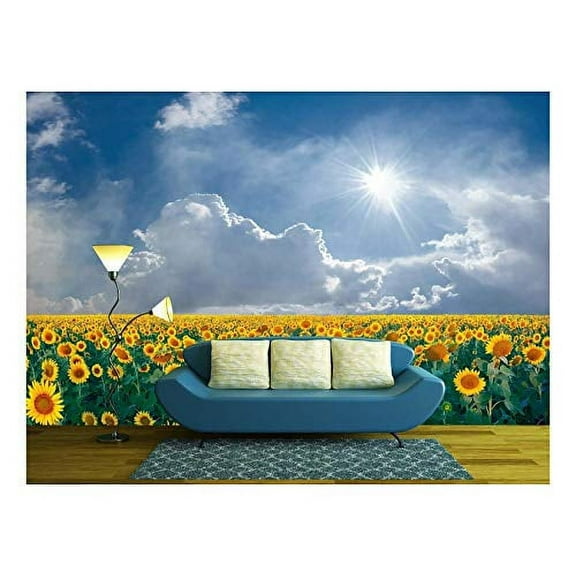 wall26 - Summer Beautyful Landscape with Big Sunflowers Field and Blue Sky with Clouds - Removable Wall Mural | Self-Adhesive Large Wallpaper - 66x96 inches