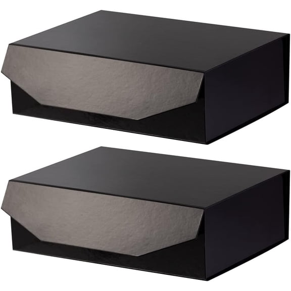 2 Black Large Gift Box with Lid 13x9x4 Inches, Bridesmaid Proposal Box, Hard Collapsible Gift Box with Magnetic Closure, Groomsman Box Reusable Gift Box for Clothes (Glossy Black)
