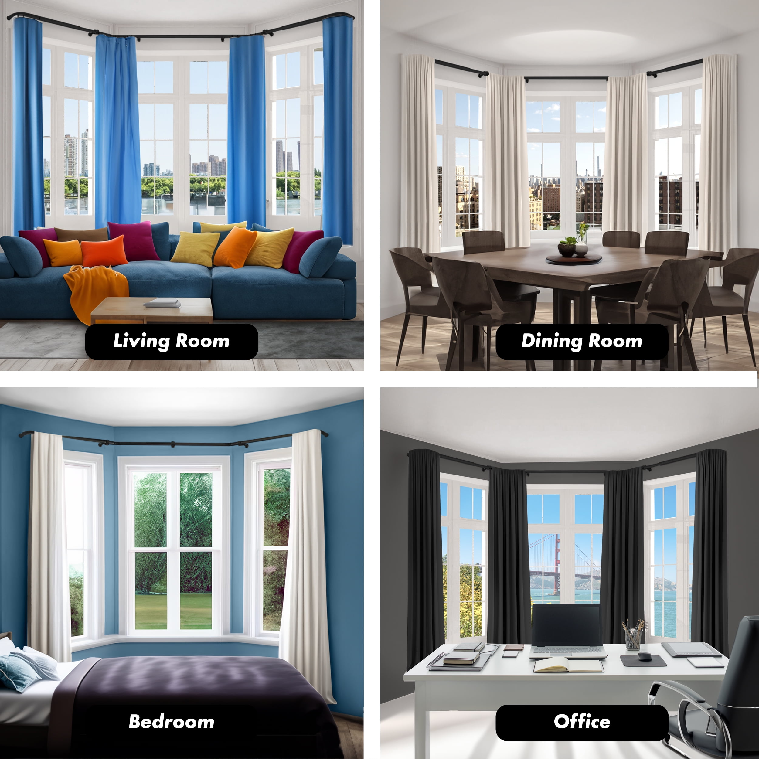MERIVILLE 1" Bay Window Curtain Rod Set, Adjustable Side 20–37" and Center 38–72", Single Rod, Black