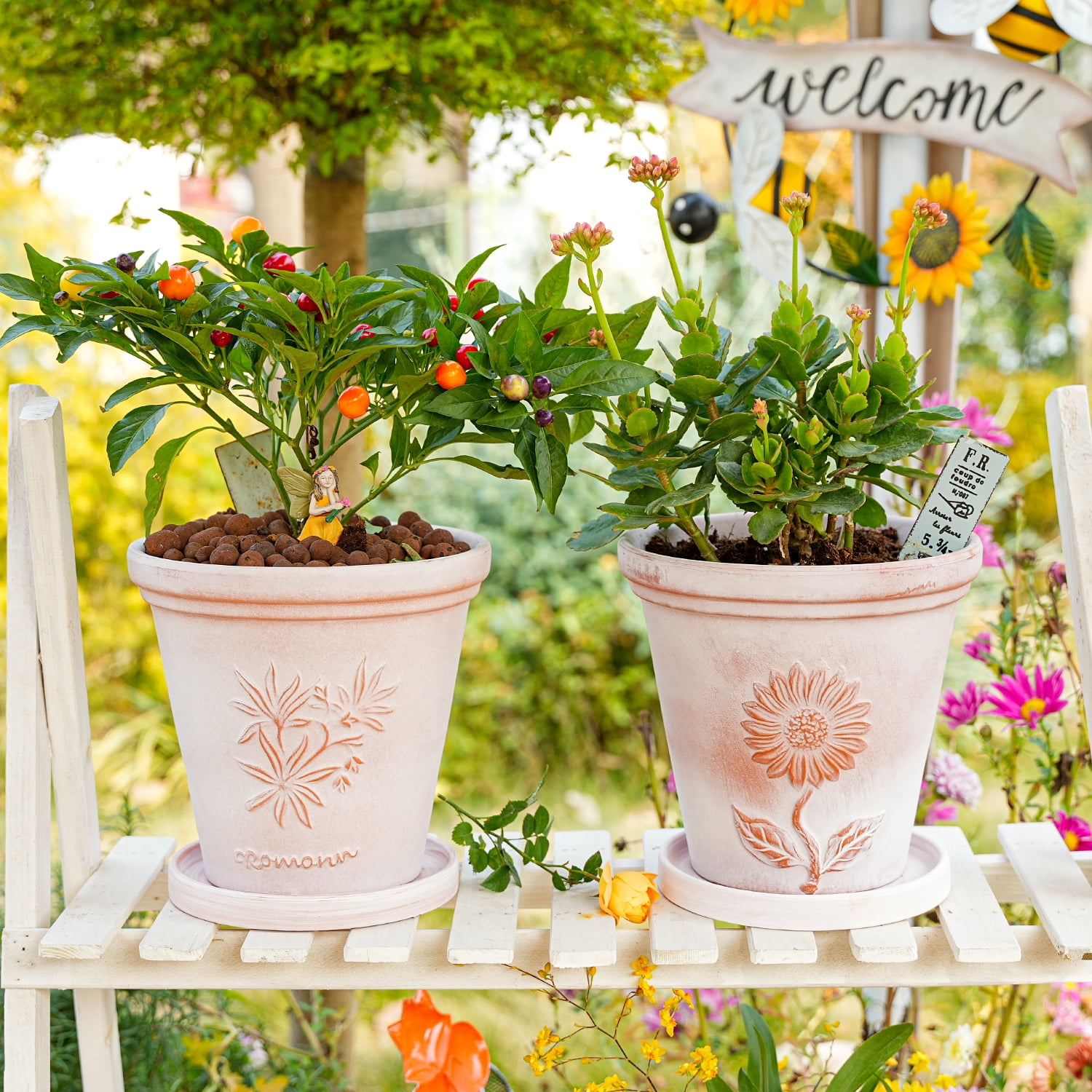 Sungmor Set of 3 Terra Cotta Pots with Saucer & Drainage Hole, Large & Deep Clay Pots, Unique Embossed & Pretty Color Pottery Planters, Decorative Flower Pots for Plants Orchid Cactus Succulent