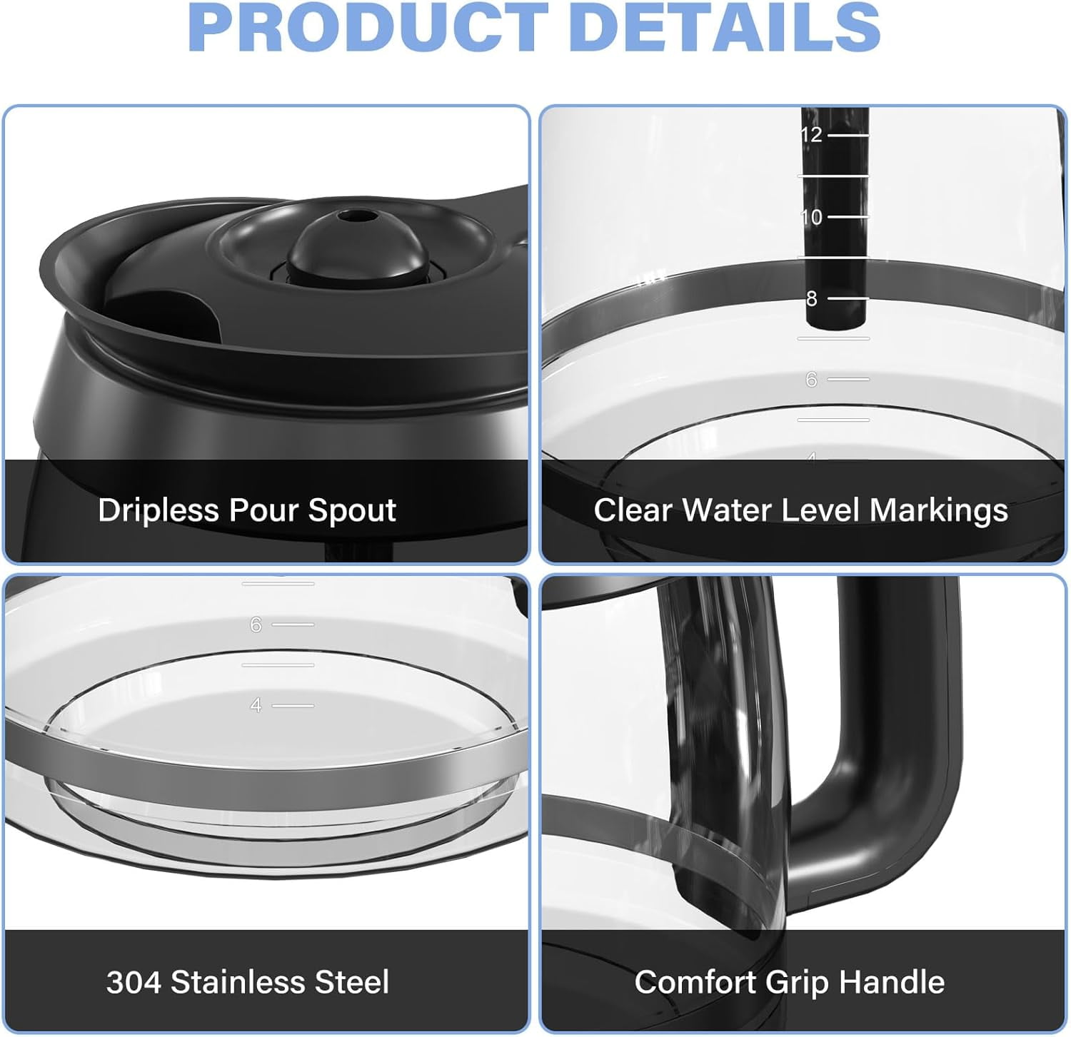 12-Cup Coffee Pot Replacement Carafe Compatible with Ninja Coffee Brewer Maker Models CE251 CE201 CE201C CE200 CE200C Model# XGLSLID200