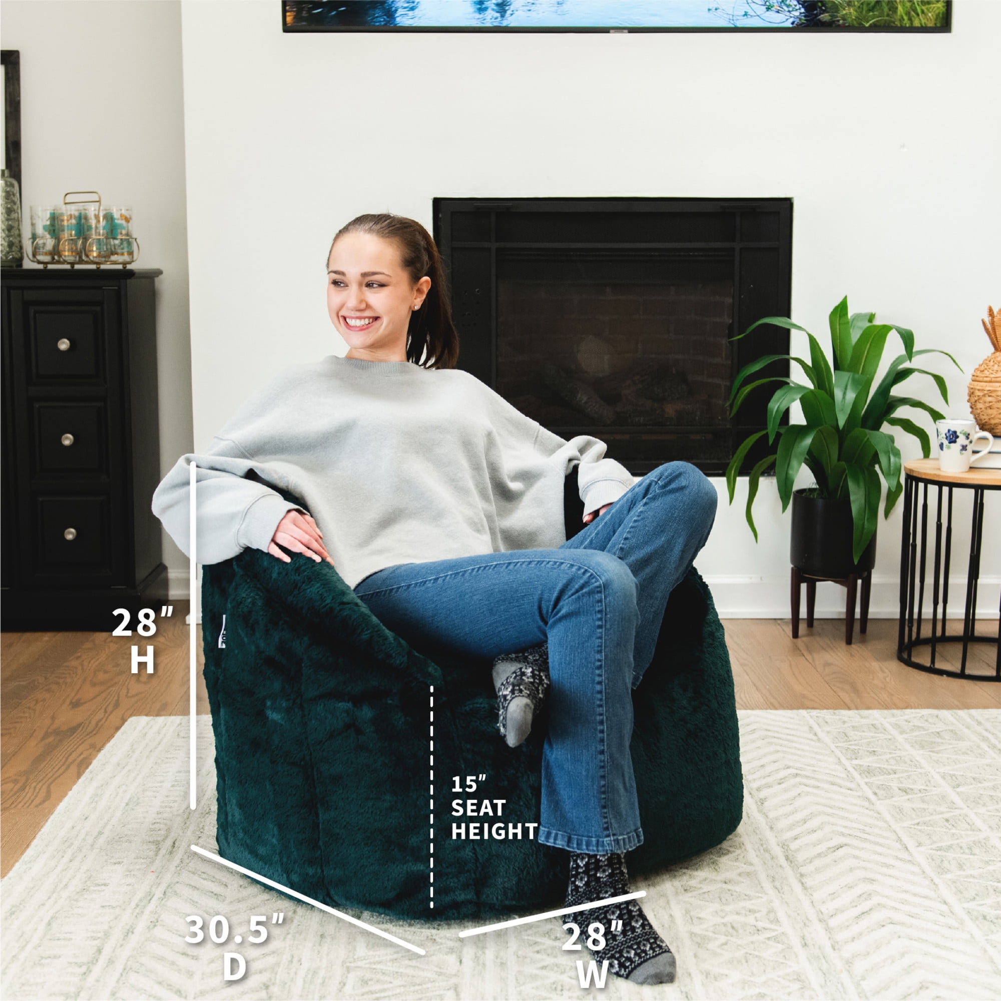 Big Joe Milano Bean Bag Chair for Kids, Teens, Adults, Ultra-Soft Emerald Plushie Polyester Blend, Lightweight Seat for Reading Nook and Gaming, 2.5 foot Refillable