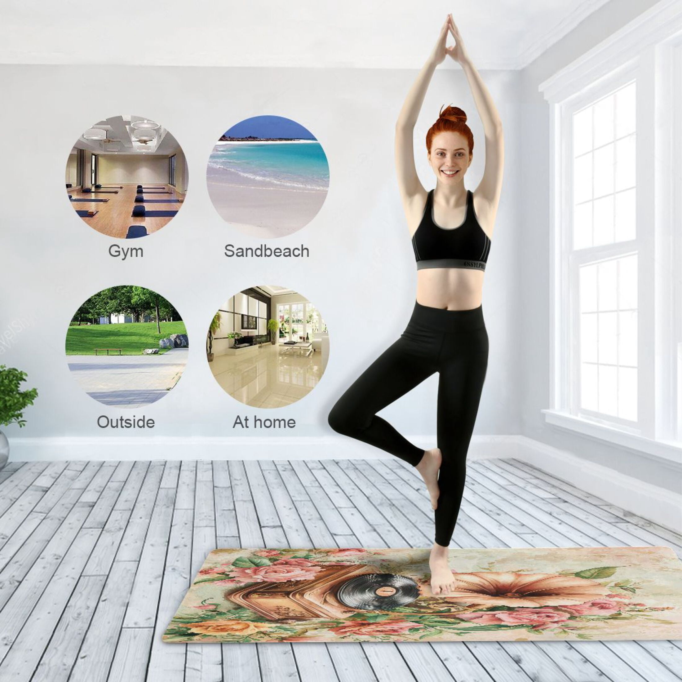 BZSMCE Yoga Mat Women Gramophone Surrounded by Roses Fitness Mat