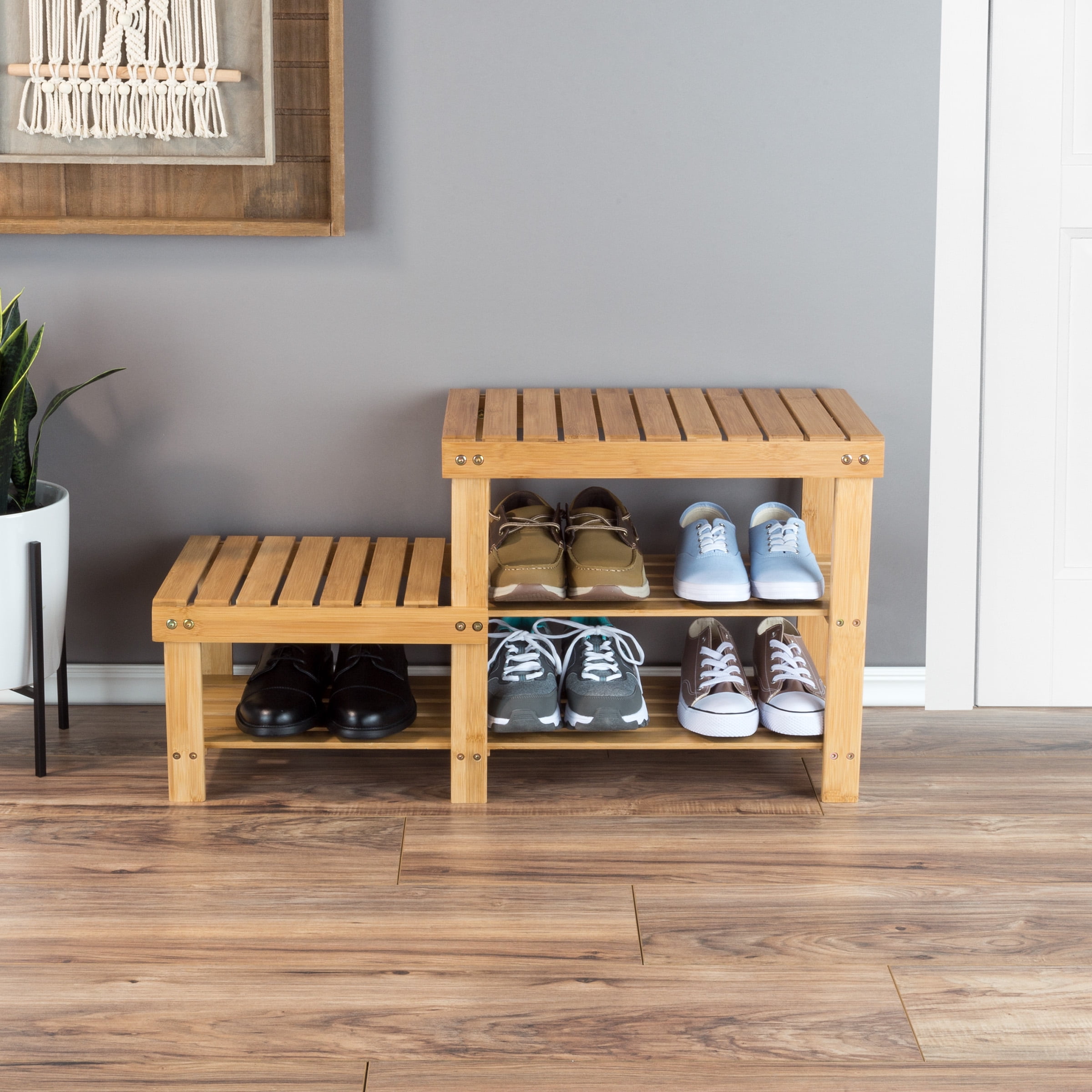 2-Tier Bamboo Shoe Storage Rack and Bench for entryway, hallway, living room, bedroom, or bathroom by Lavish Home