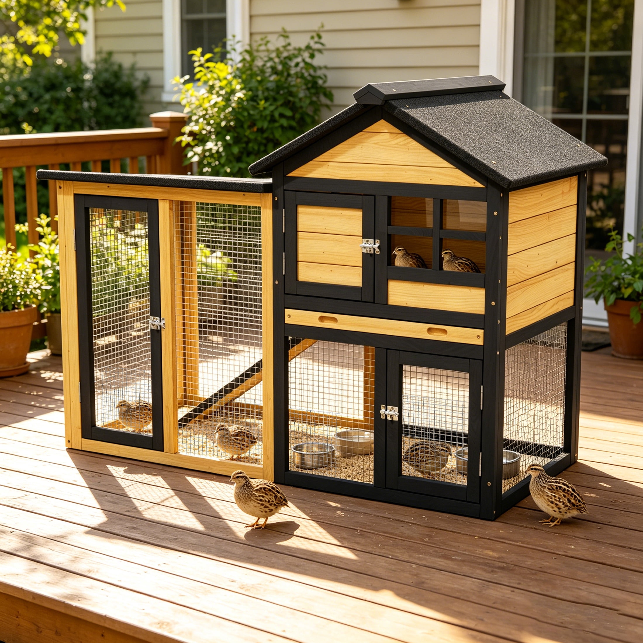 Outdoor Weatherproof 2-Tier Wooden Quail Cage with Pull-Out Tray, 46.9", Yellow