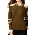 thumbnail image 2 of I-N-C Womens Metallic Striped Cold Shoulder Pullover Sweater, Green, Large, 2 of 5