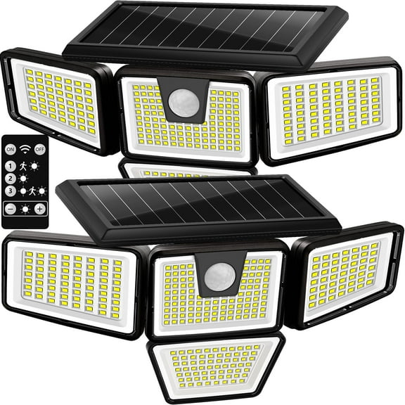 AmeriTop Solar Outdoor Lights,4 Heads Motion Sensor Lights,3000LM 288 LED Security Lights with Remote Control,IP65 Waterproof,270° Wide Angle Flood Wall Lights (2 Packs)
