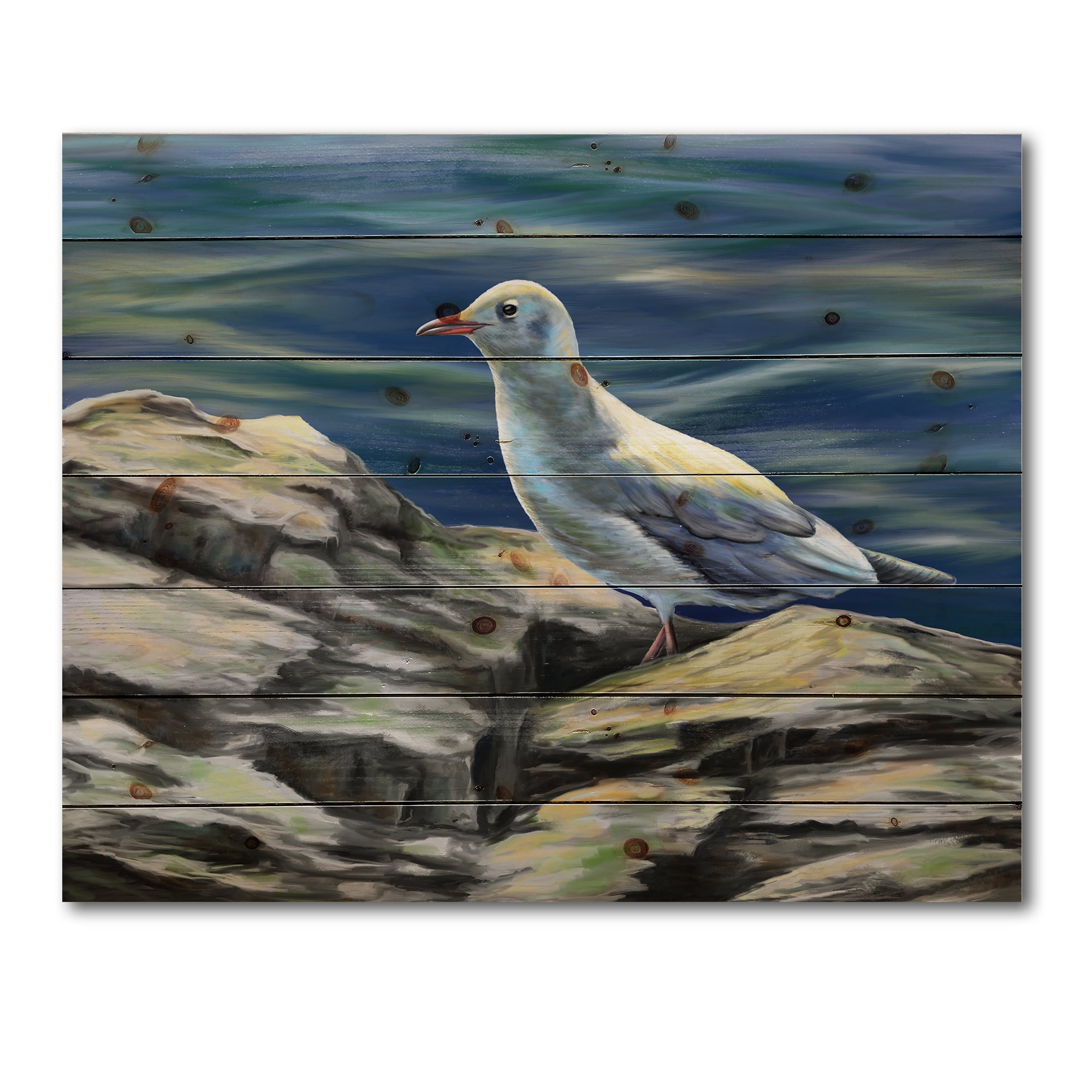 Designart 'Portrait of Seagull Birds By The Sea' Nautical & Coastal Print on Natural Pine Wood