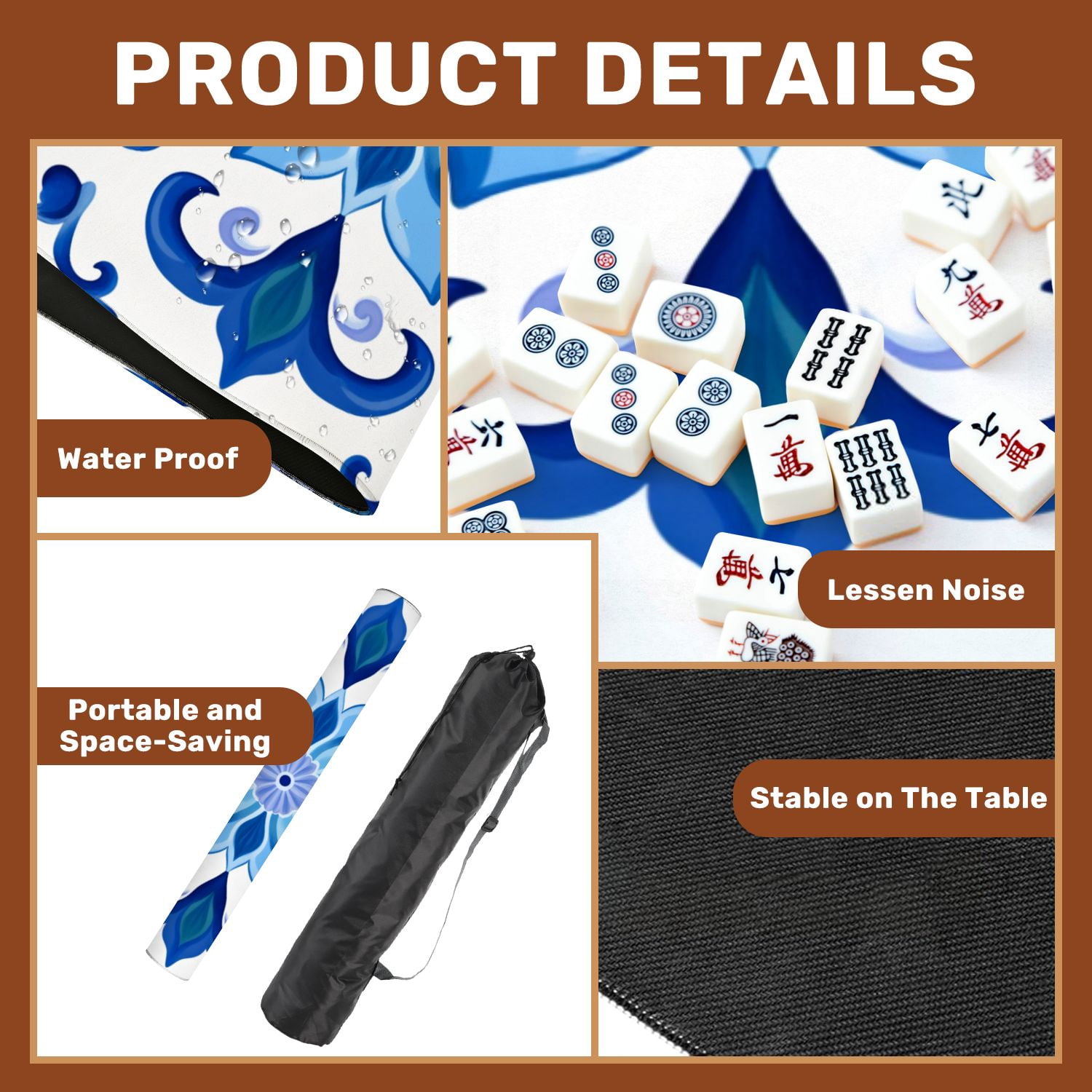 Mahjong Mat 31.5" x 31.5" Blue Floral Ceramic Tile Symmetrical Design Non-Slip Noise Reduction American Mahjong Tiles Table Cover for Dominoes Poker Card Board Games Gift