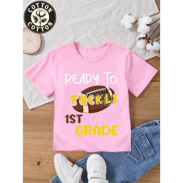 Kids' "READY TO TACKLE 1ST GRADE" Back - To - School & Football Graphic Soft Cotton Crew Neck Short Sleeve T - Shirt For Fall