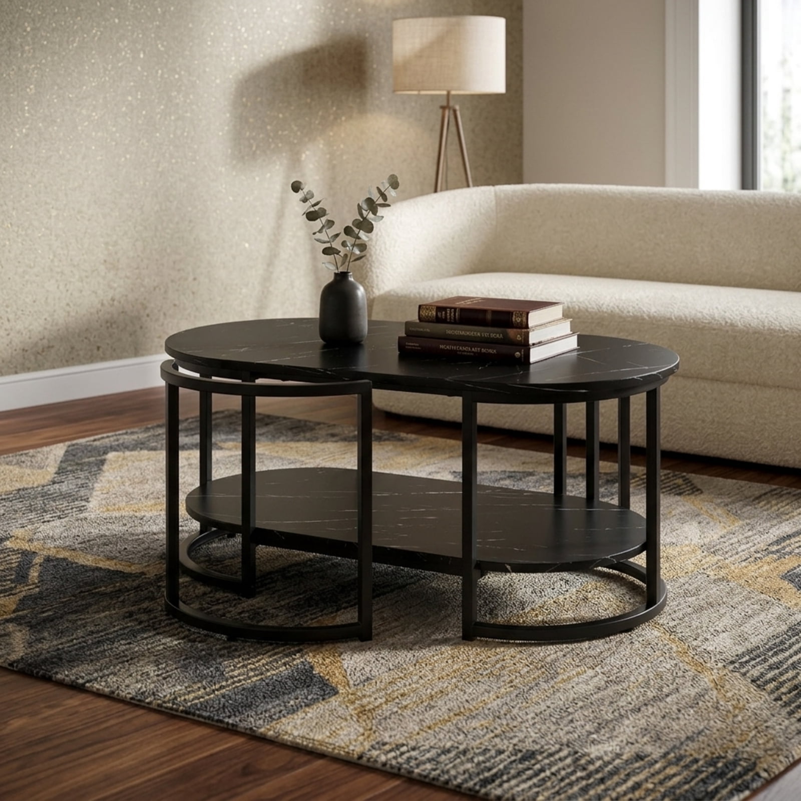 Furnibear 2-Tier Faux Marble Coffee Table with Open Storage Shelf and Powder-Coated Metal Frame for Living Room and Reception Room, Black