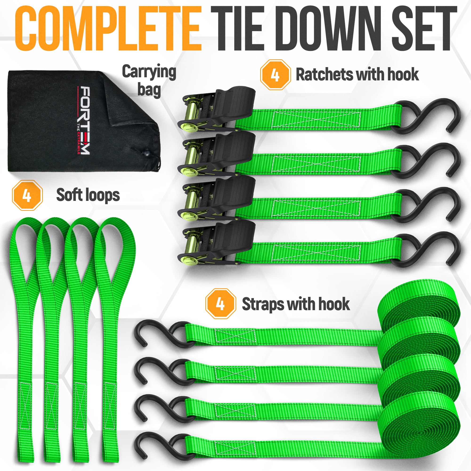 FORTEM Ratchet Straps, 1650lb Break Strength, 4 Pack 15ft x 1in Tie Down Strap Set, 4 Soft Loops, Motorcycle Straps Tie Downs, Cargo Cam Buckles for Trucks, Rubber Handles, Carry Bag