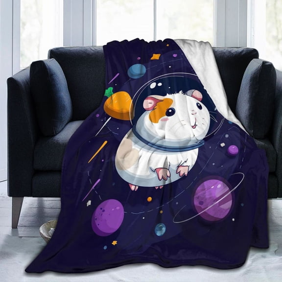 Guinea Pig in Space Throw Blanket, Galaxy Astronaut & Rocket Design, Soft Flannel Fleece, Bedroom Living Room Decor 50x40