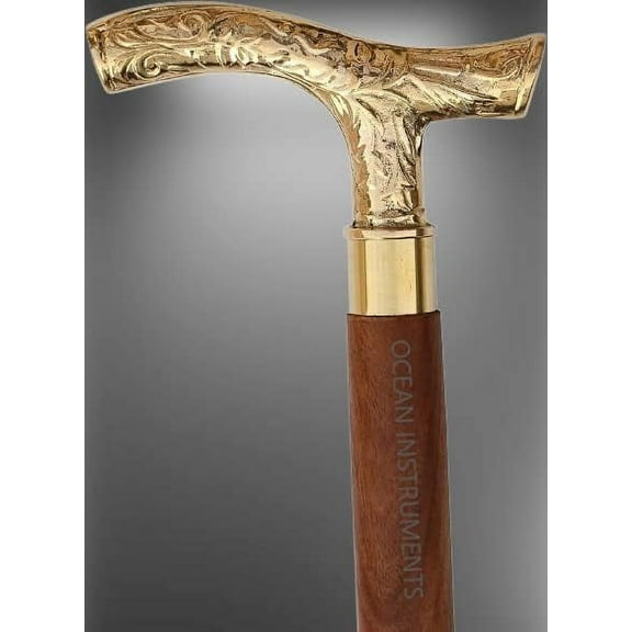 Ocean Instruments Antique Brass Walking Stick with Unique T Shape Handle, Wooden Walking Canes Vintage Gift for Mother/Father