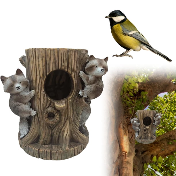 Comedero Para Pájaros Raccoon Tree Stump Pajarera De Madera Natural Con Diseño Para Jardín