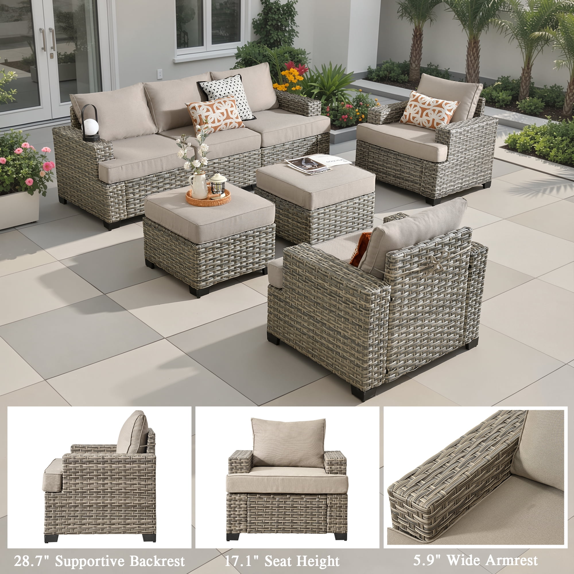 Ovios 7 Pieces Outdoor Patio Furniture Set All-Weather Rattan Wicker Sectional Sofa and Chairs with Ottomans, Beige