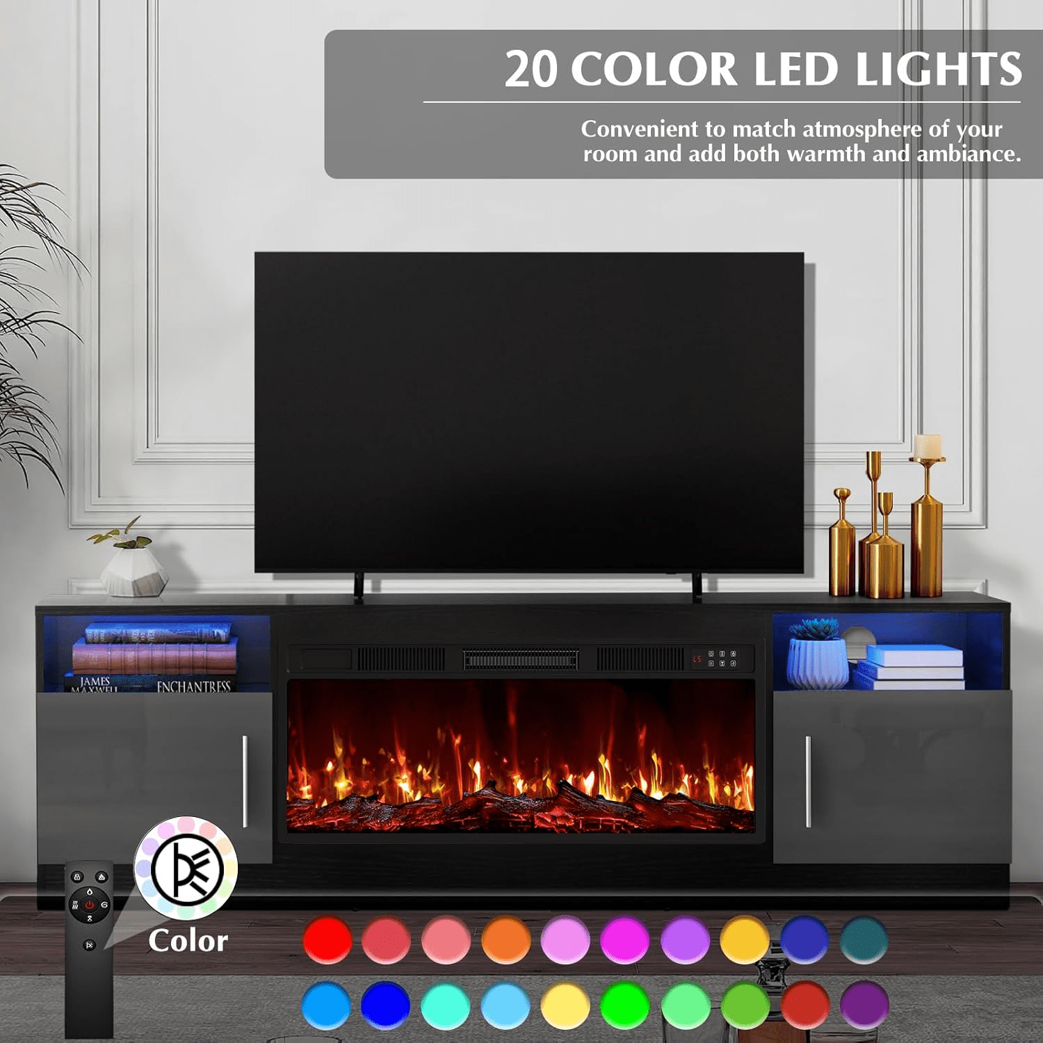 BOSSIN Fireplace TV Stand with 36 inch Fireplace Up to 80" TVs,LED Light Entertainment Center and Storage, 70" Modern Wood Media TV Console with Highlight Cabinet for Living Room