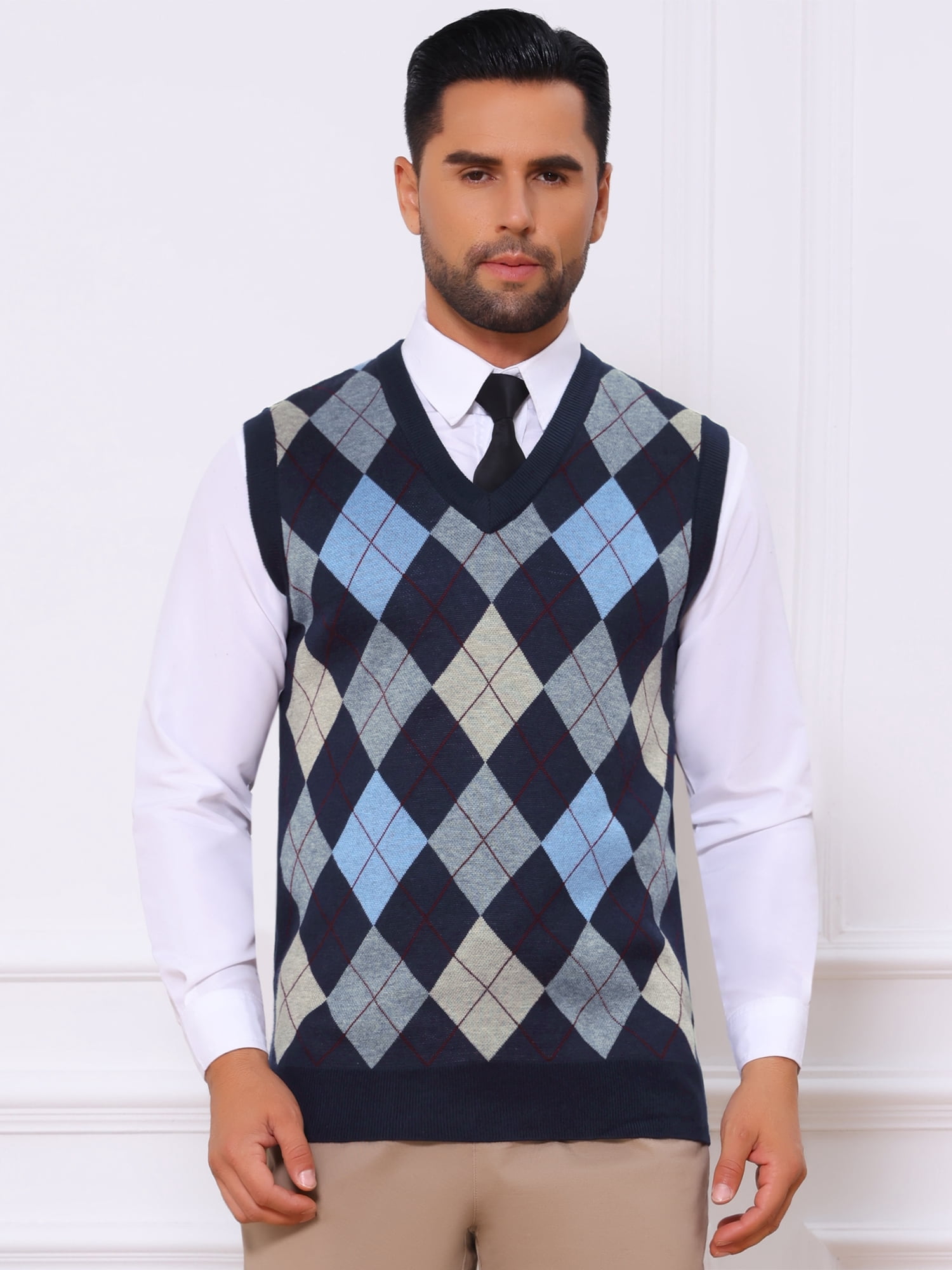 DARING DIVA Men's Casual Knit Sleeveless V-Neck Plaid Argyle Sweater Vest S Navy Blue