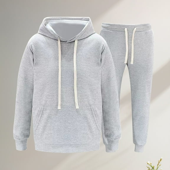 Busydd Plus Size 2 Piece Sets for Men Long Sleeve Drawstring Hoodies and Sweatpants Outfits Trendy Solid Color Ribbed Men's Sweatsuits Comfortable Loungewear Sets 3XL