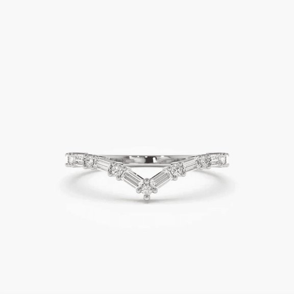 CAUER 14K White Gold Plated Baguette & Round Moissanite Chevron Band Ring for Women – Elegant Statement Jewelry Gift with Certificate & Lifetime Warranty