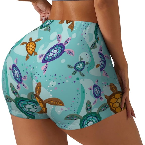 Gukieu Turtles And Sea Print Women's Sports Shorts, Elastic Waist High Stretch Running Yoga Gym Sweatpants-Small