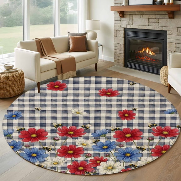 Round Area Rugs Collection 6 Ft, Red Blue Floral Non-Slip Residential Carpet, Independence Day Flowers Black Buffalo Plaid Indoor Crawling Mats Runner Rugs for Living Room/Dining Room/Bedroom
