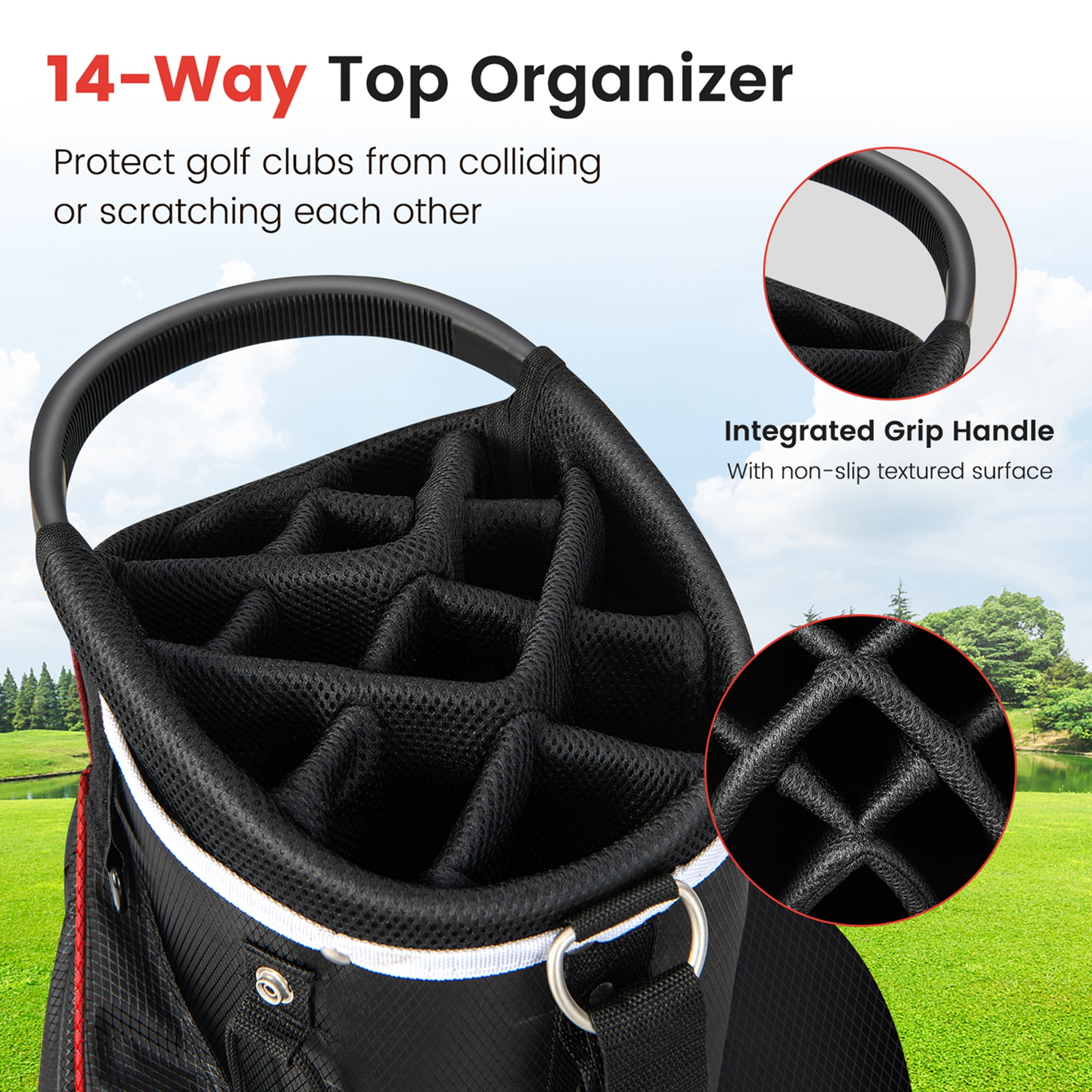 Costway Lightweight Golf Cart Bag with 14 Way Top Dividers 9 Pockets Rain Hood Cooler Bag Red