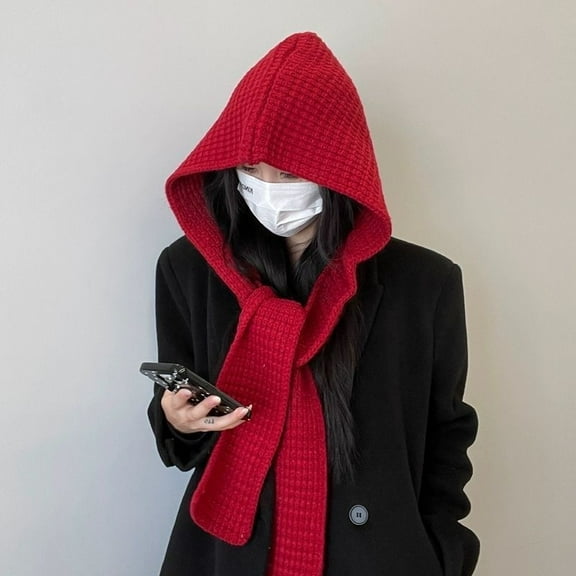 Women Winter 3 in 1 Hooded Hat Scarf Wrap Shawl Crochet Knit Pullover Neckwarmer-red-Winter Hooded Hat with Scarf Crochet
