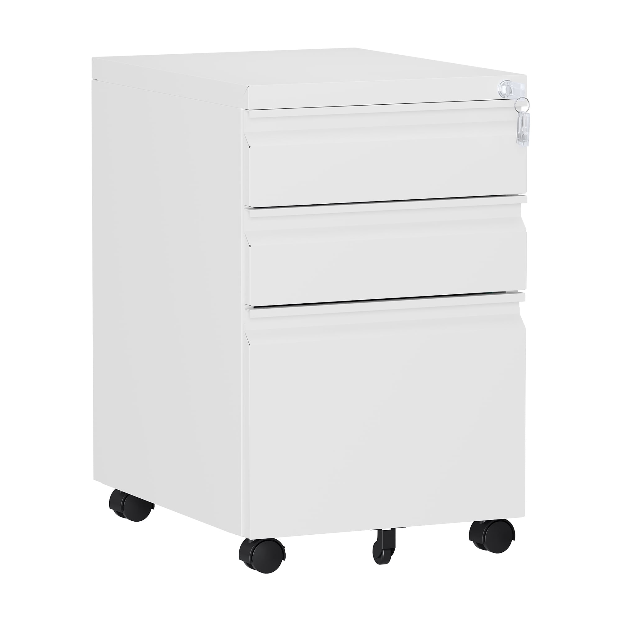 AUHUP 3 Drawer Mobile File Cabinet with Lock, Metal Filing Cabinet with Wheels for Legal/Letter/A4 File, Under Desk File Cabinets for Home Office,White,Fully Assembled