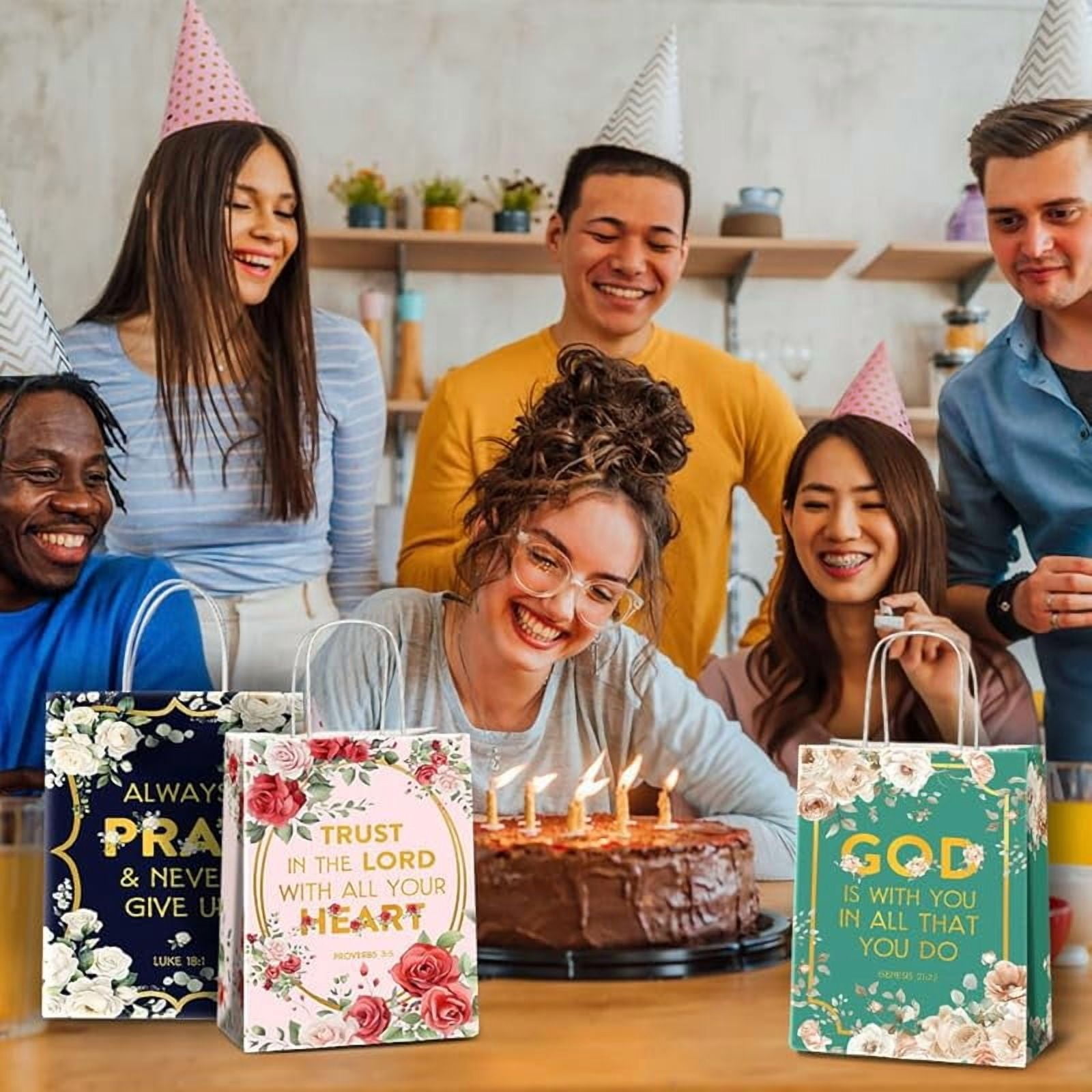 20packs Religious Party Favors Bags with Handles, Inspirational Flower Christian Goodie Gift Kraft Paper Bags with 4 Different Types for Women Girls Birthday Wedding Baptism Easter Day Spring Party