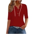 thumbnail image 2 of Elvqul Womens Blouses Hooded T Shirts Summer Short Sleeve Red V-Neck Tops for Ladies Fashion, 2 of 5