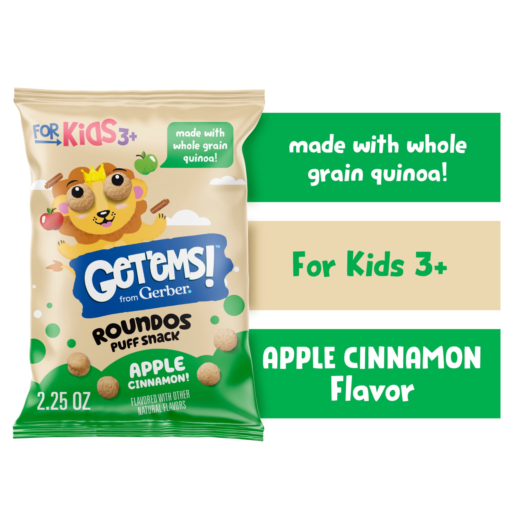 (2 pack) Get'ems from Gerber Apple Cinnamon Roundos Puffs Snacks, Kids Snack Made with Whole Grain Quinoa, Calcium to Support Strong Bones 2.25 oz
